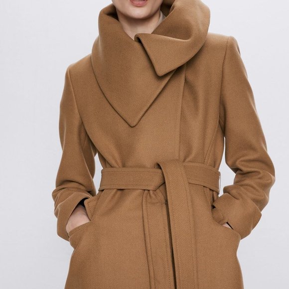 Zara Camel Wool Coat with Wrap Collar - Picture 5 of 10